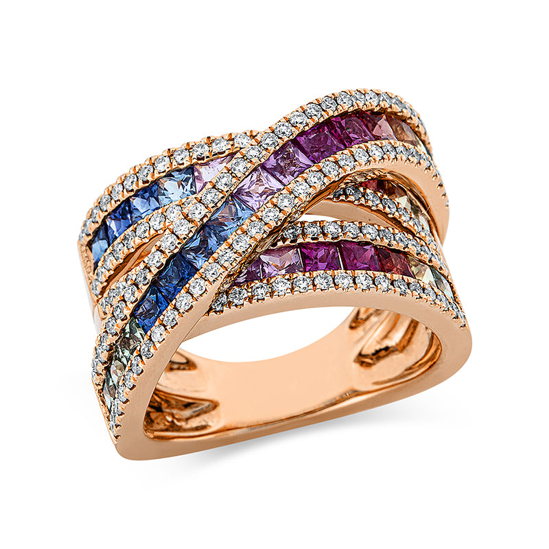 Ring 18 kt RG. 141 Brillanten 0.75 ct. TW-si. 28 Saphire 2.90 ct fancy. 9 Saphire 0.92 ct blau. B:13.8 mm. Weite:54
