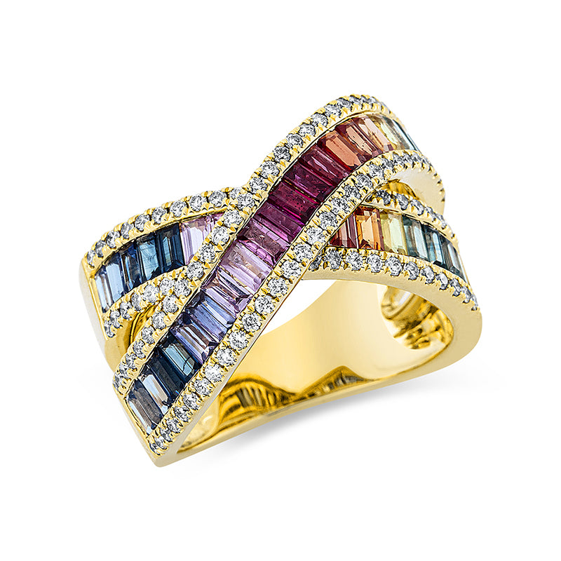 Ring 18 kt GG, 106 Brill. 0,57 ct, TW-si, 40 Saphire 2,81 ct fancy