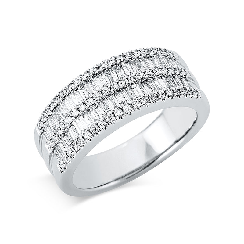 Ring 18 kt WG, 28 Bag. 0,60 ct, TW-vsi, 14 Trap. 0,16 ct, TW-vsi, 60 Brill. 0,28 ct, TW-si