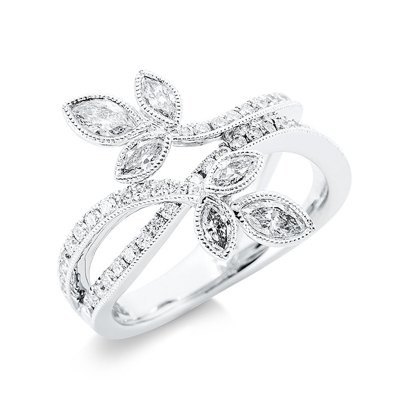 Ring 18 kt WG, 6 Nav. 0,53 ct, TW-vsi, 43 Brill. 0,40 ct, TW-si