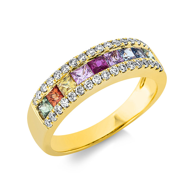 Ring 18 kt GG, 34 Brill. 0,35 ct, TW-si, 9 Saphire 0,93 ct fancy
