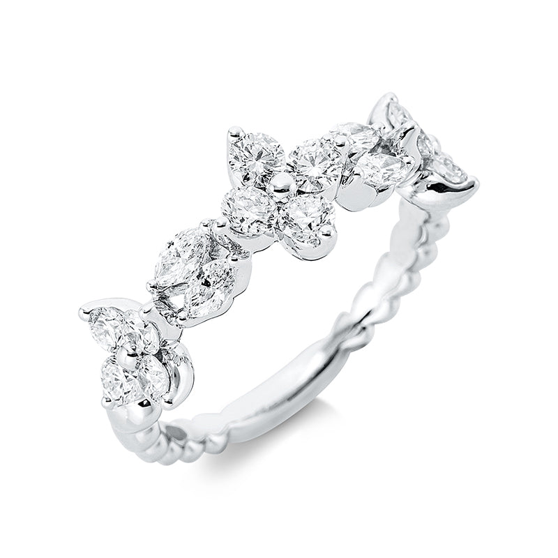 Ring 18 kt WG, 4 Nav. 0,26 ct, TW-vsi, 12 Brill. 0,81 ct, TW-si