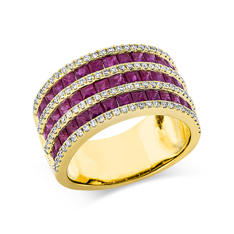 Ring 18 kt GG. 114 Brillanten 0.47 ct. TW-si. 45 Rubine 2.87 ct rot. Weite:54