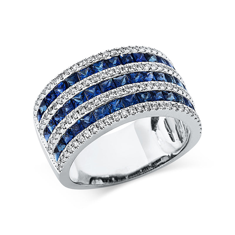 Ring 18 kt WG. 114 Brillanten 0.47 ct. TW-si. 45 Saphire 2.69 ct blau. Weite:54
