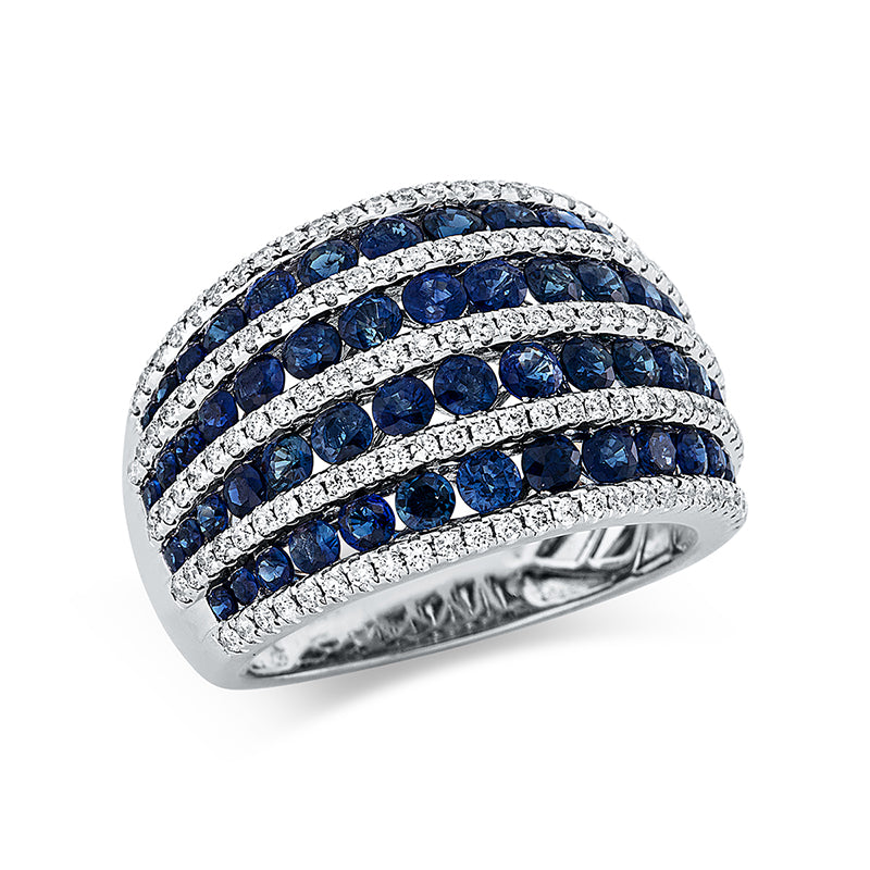 Ring 18 kt WG. 137 Brillanten 0.65 ct. TW-si. 8 Saphire 0.35 ct blau. 52 Saphire 2.47 ct blau. Weite:54