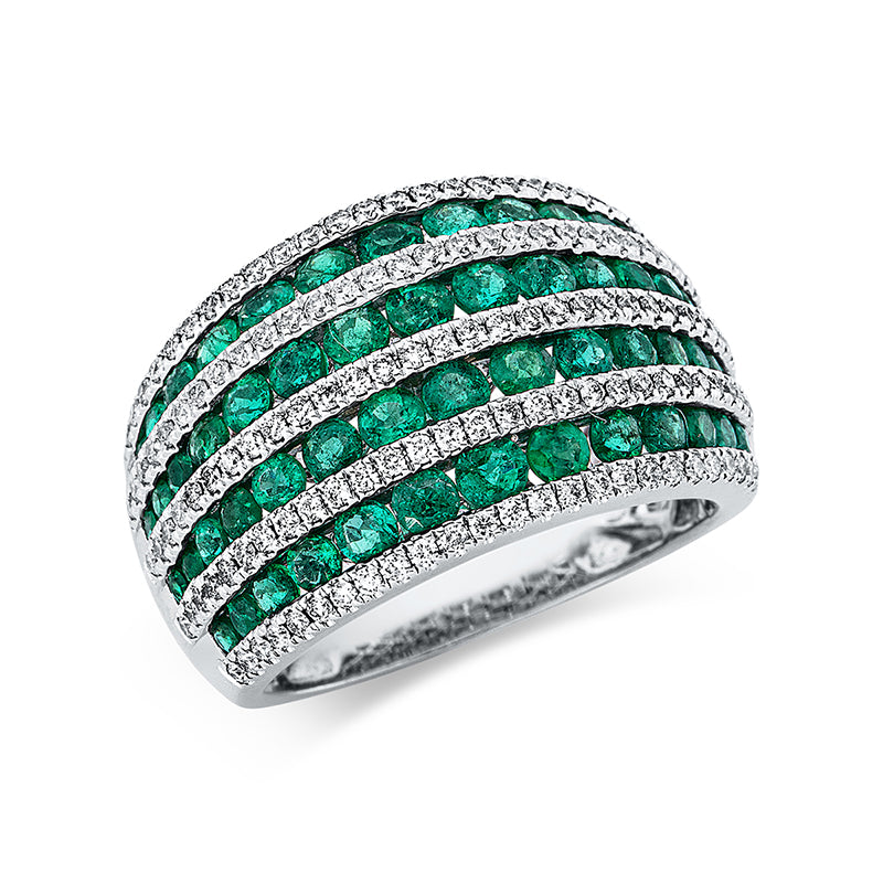 Ring 18 kt WG. 137 Brillanten 0.65 ct. TW-si. 56 Smaragde 2.15 ct grün. Weite:54