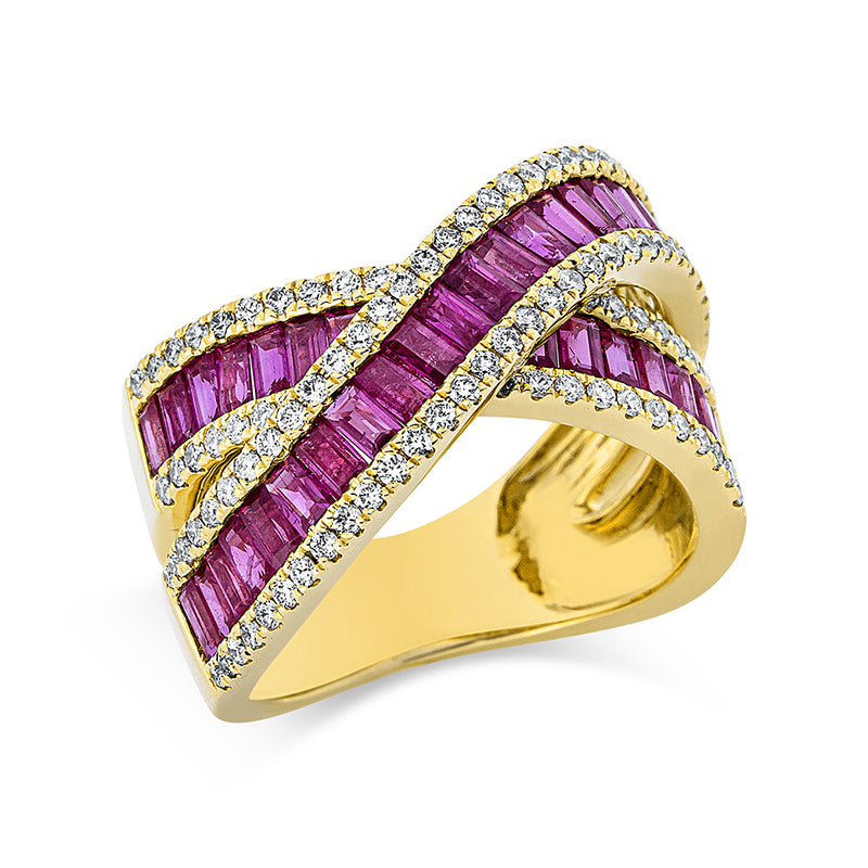 Ring 18 kt GG. 106 Brillanten 0.63 ct. TW-si. 39 Rubine 3.09 ct rot. Weite:54