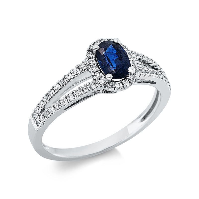 Ring 18 kt WG, 58 Brill. 0,25 ct, TW-si, 1 Saphir 0,71 ct blau