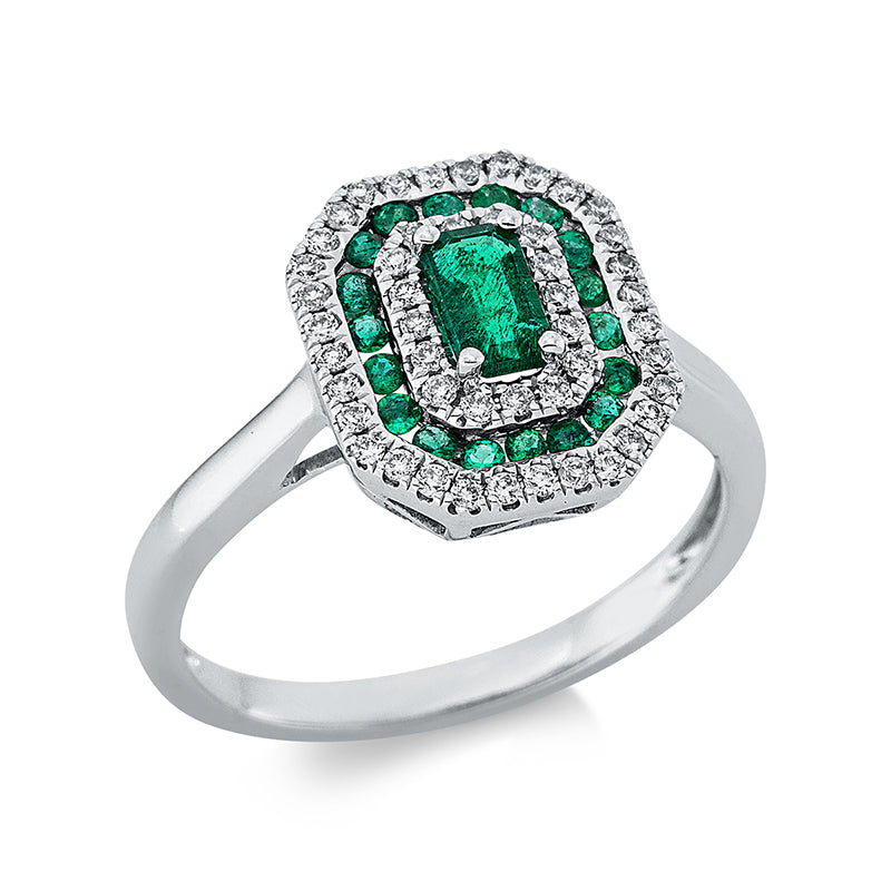 Ring 18 kt WG. 48 Brillanten 0.23 ct. TW-si. 20 Smaragde 0.56 ct grün. Weite:54
