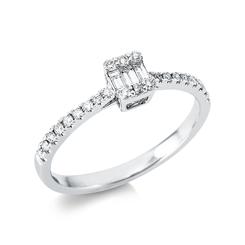Ring 18 kt WG. 3 Baguette 0.08 ct. TW-vsi. 24 Brillanten 0.18 ct. TW-si. Weite:53.5