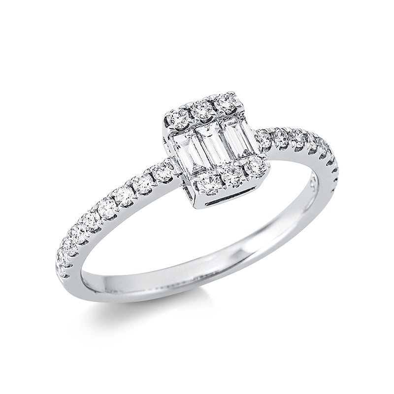 Ring 18 kt WG, 3 Bag. 0,20 ct, TW-vsi, 24 Brill. 0,28 ct, TW-si