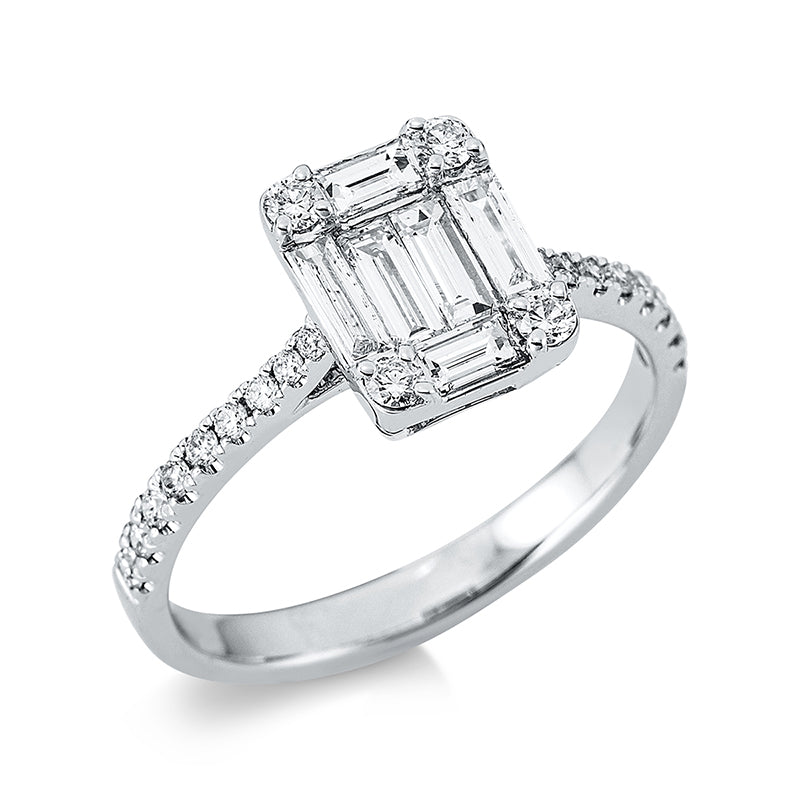 Ring 18 kt WG, 4 Bag. 0,31 ct, TW-vsi, 2 Bag. 0,14 ct, TW-vsi, 22 Brill. 0,28 ct, TW-si