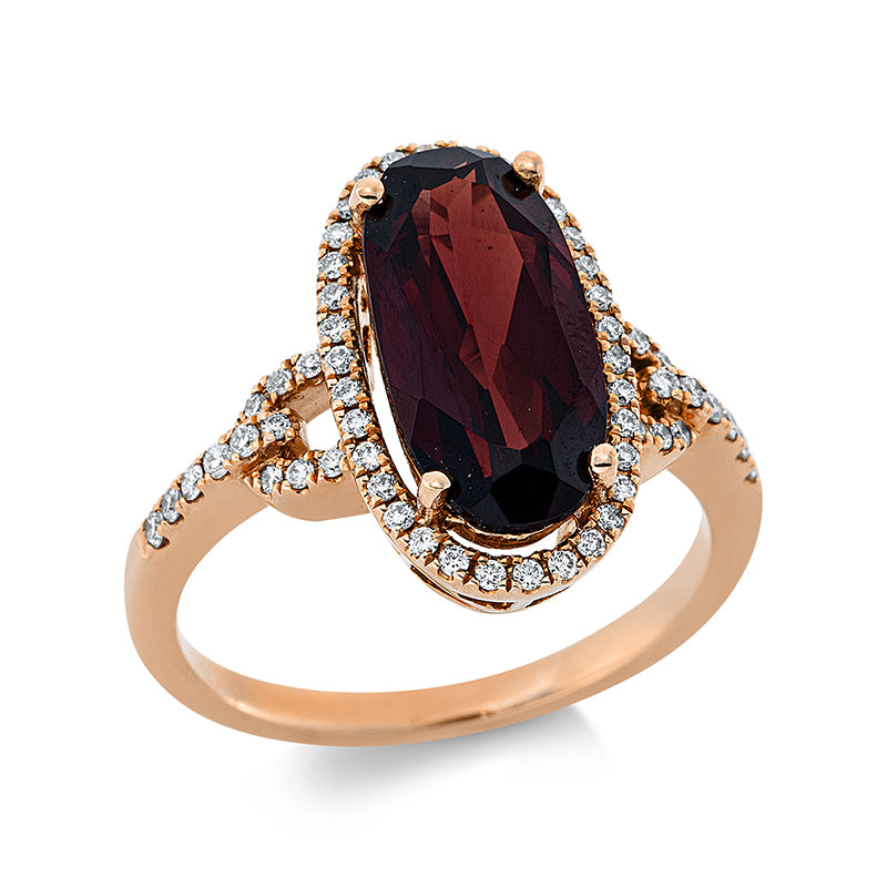 Ring 18 kt RG, 58 Brill. 0,29 ct, TW-si, 1 Rhodolith 3,93 ct rot