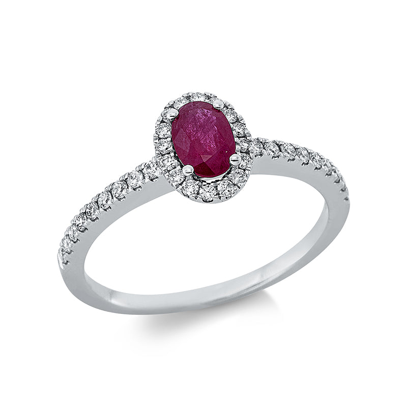 Ring 18 kt WG, 34 Brill. 0,27 ct, TW-si, 1 Rubin 0,53 ct rot