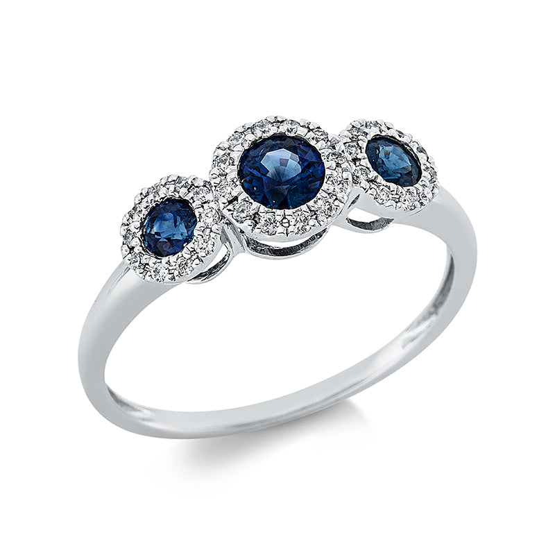 Ring 18 kt WG. 32 Brillanten 0.12 ct. TW-si. 3 Saphire 0.60 ct blau. Weite:54