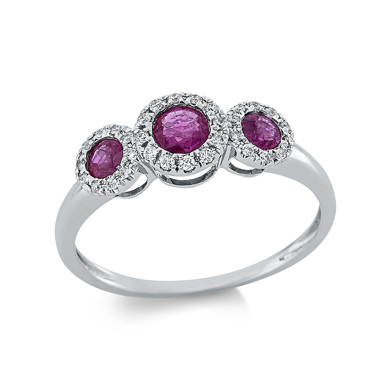 Ring 18 kt WG, 32 Brill. 0,12 ct, TW-si, 3 Rubine 0,50 ct rot