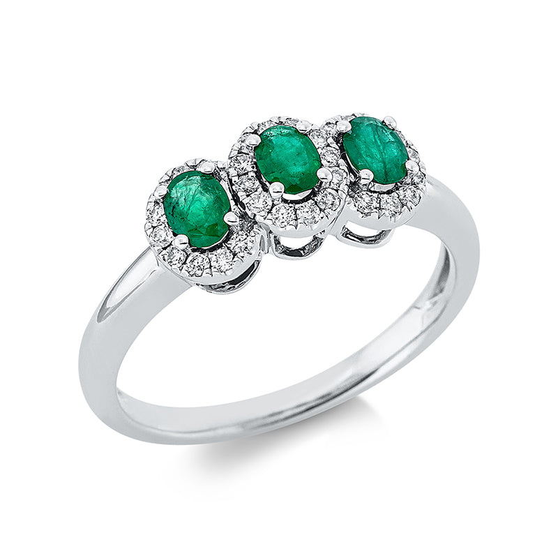 Ring 18 kt WG. 30 Brillanten 0.19 ct. TW-si. 3 Smaragde 0.47 ct grün. Weite:54