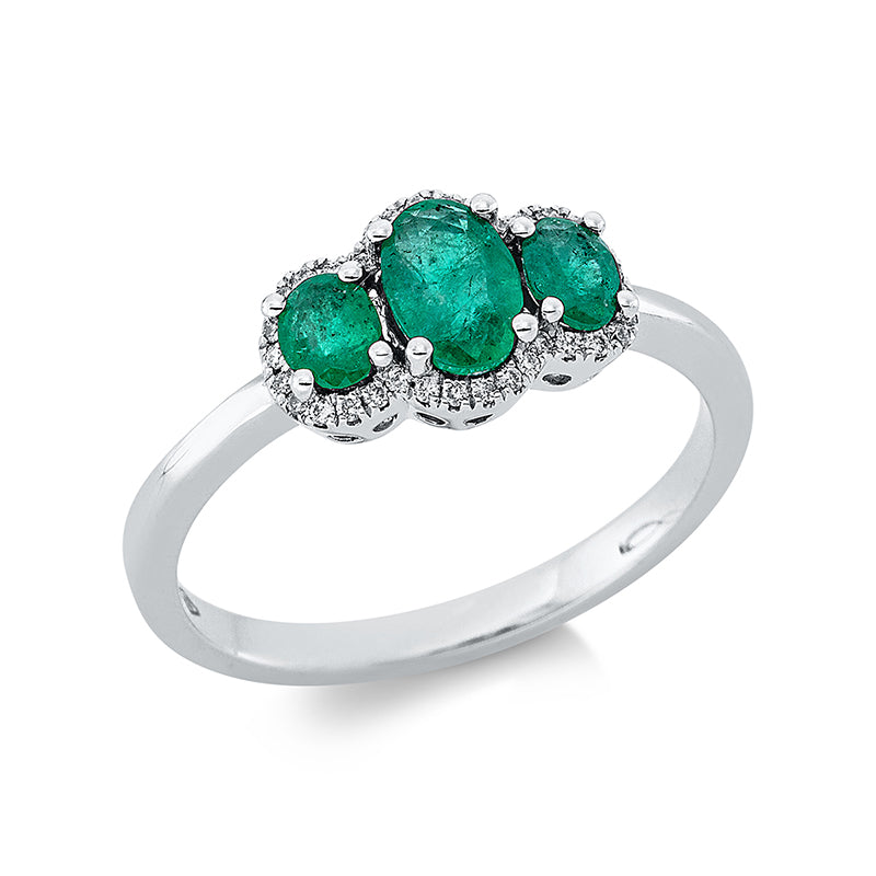Ring 18 kt WG. 34 Brillanten 0.08 ct. TW-si. 3 Smaragde 0.79 ct grün. Weite:54