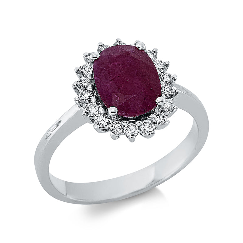 Ring 18 kt WG, 18 Brill. 0,31 ct, TW-si, 1 Rubin 2,84 ct rot