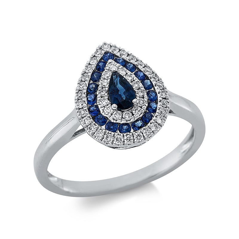 Ring 18 kt WG, 43 Brill. 0,21 ct, TW-si, 1 Saphir 0,26 ct blau, 17 Saphire 0,23 ct blau