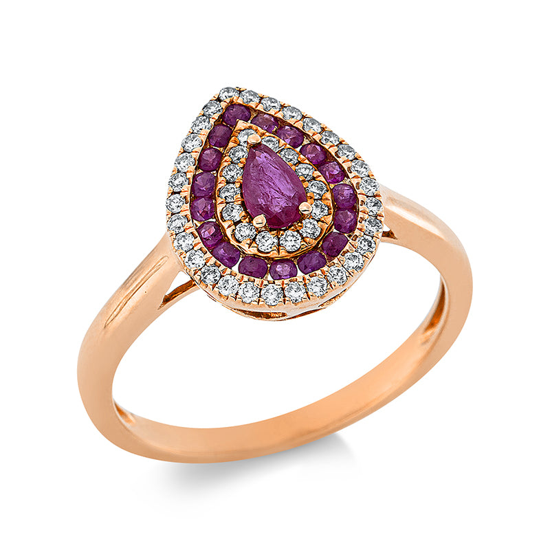 Ring 18 kt GG, 43 Brill. 0,21 ct, TW-si, 1 Rubin 0,18 ct rot, 17 Rubine 0,26 ct rot