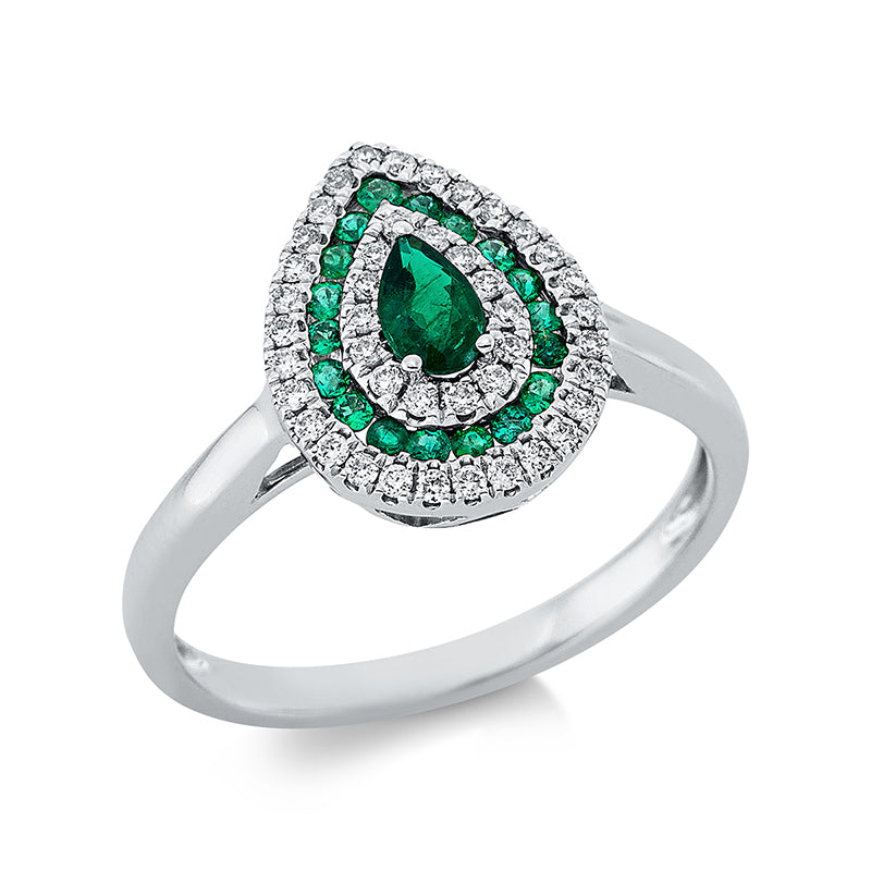 Ring 18 kt WG, 43 Brill. 0,20 ct, TW-si, 1 Smaragd 0,19 ct grün, 18 Smaragde 0,16 ct grün