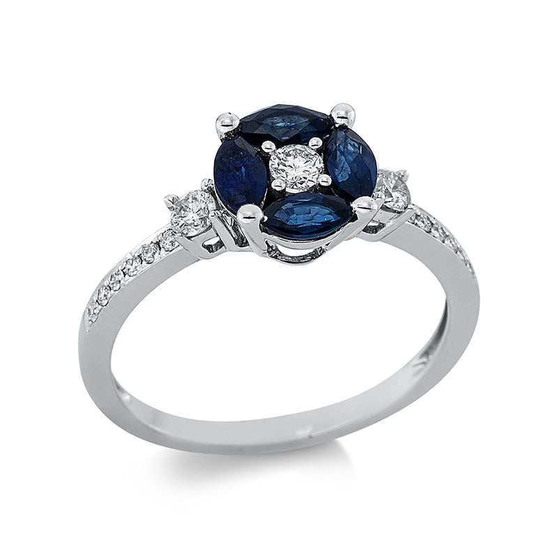 Ring 18 kt WG, 2 Brill. 0,14 ct, TW-si, 1 Brill. 0,07 ct, TW-si, 12 Brill. 0,08 ct, TW-si, 4 Saphire 0,83 ct blau