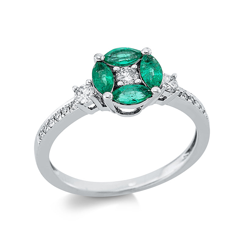 Ring 18 kt WG, 2 Brill. 0,13 ct, TW-si, 1 Brill. 0,08 ct, TW-si, 12 Brill. 0,08 ct, TW-si, 4 Smaragde 0,46 ct grün