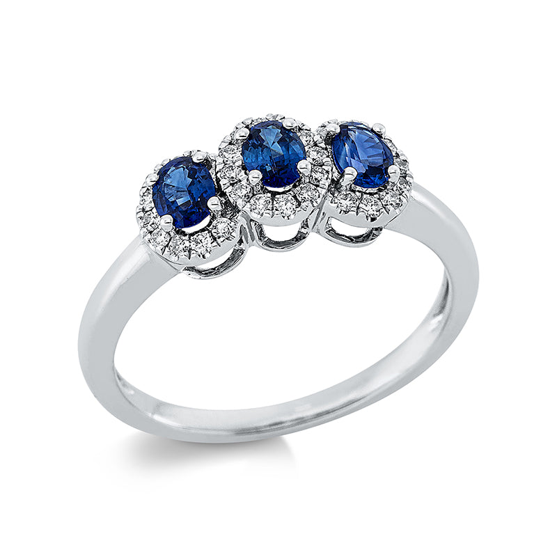 Ring 18 kt WG, 30 Brill. 0,18 ct, TW-si, 3 Saphire 0,65 ct blau
