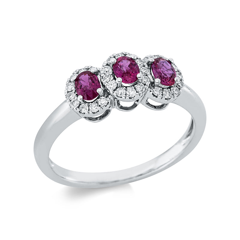 Ring 18 kt WG, 30 Brill. 0,18 ct, TW-si, 3 Rubine 0,52 ct rot