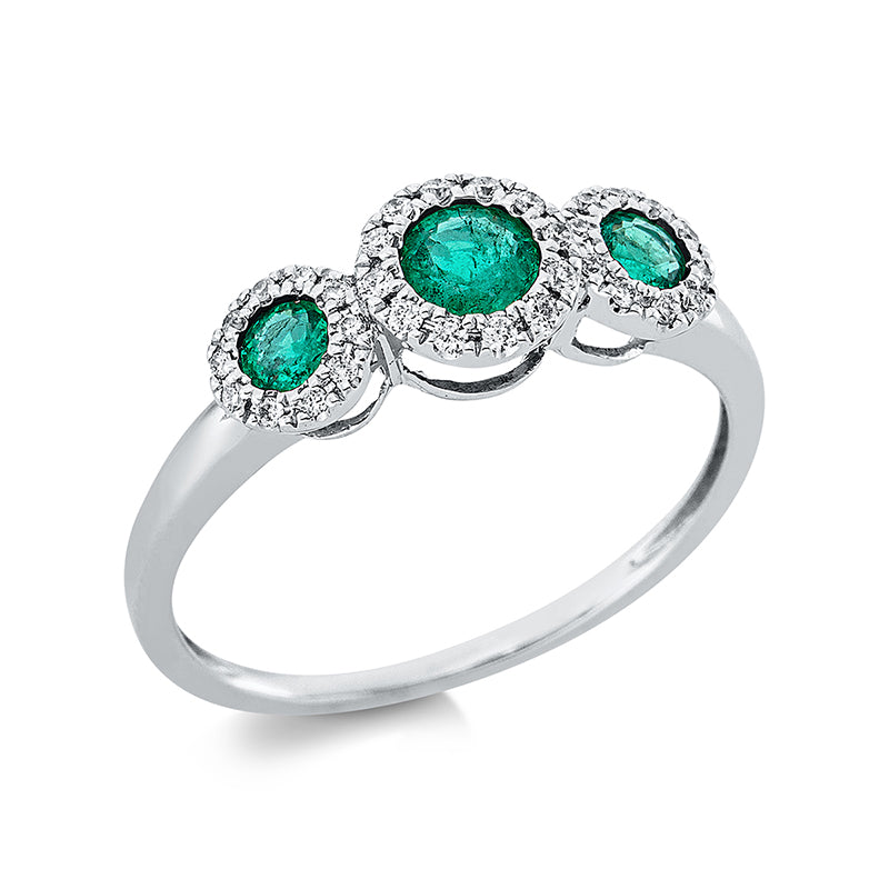 Ring 18 kt WG, 32 Brill. 0,12 ct, TW-si, 3 Smaragde 0,42 ct grün