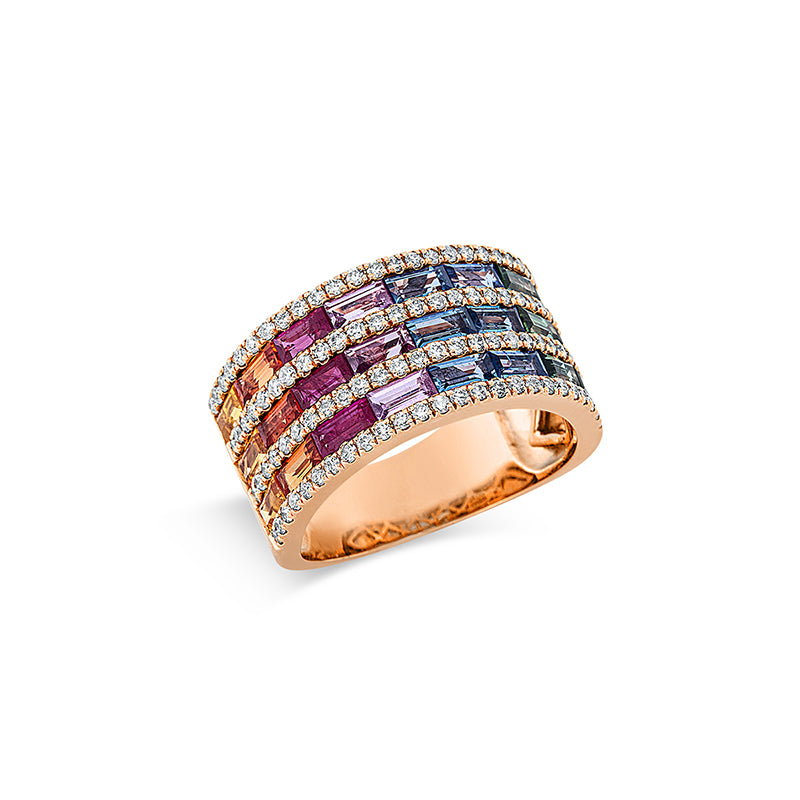 Ring 18 kt RG, 100 Brill. 0,57 ct, TW-si, 24 Saphire 3,45 ct multicolor