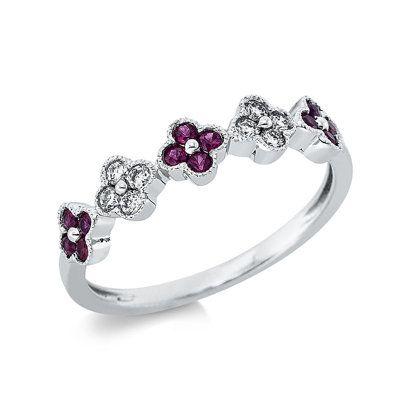Ring 18 kt WG, 8 Brill. 0,14 ct, TW-si, 12 Rubine 0,20 ct rot