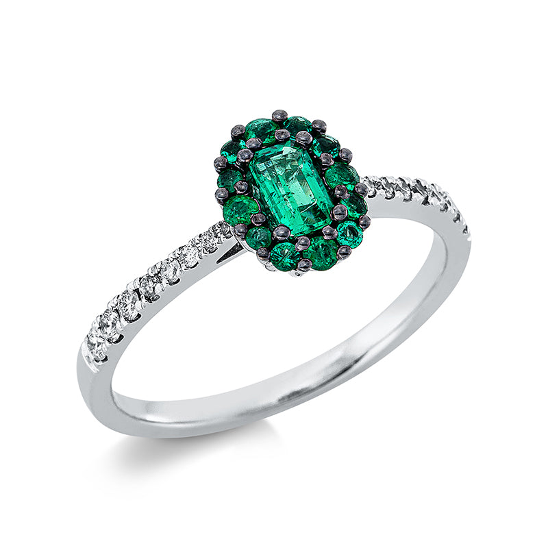 Ring 18 kt WG, 8 Brill. 0,06 ct, TW-si, 8 Brill. 0,12 ct, TW-si, 1 Smaragd 0,23 ct grün, 12 Smaragde 0,16 ct grün