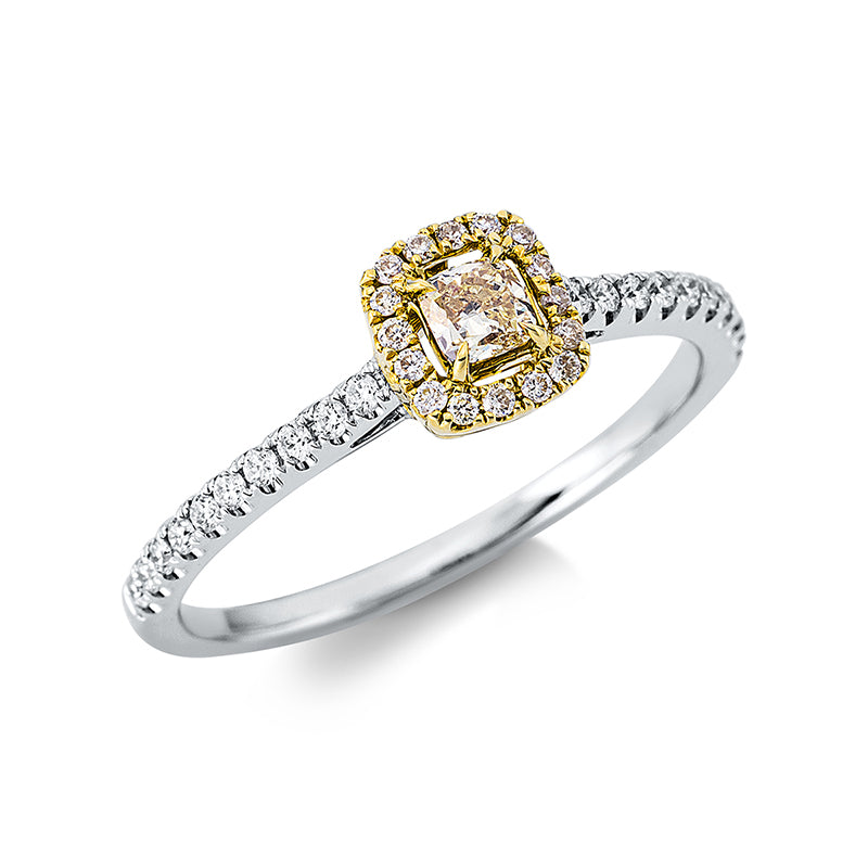 Ring 18 kt WG+GG. 20 Brillanten 0.12 ct. TW-si. 1 Cushion 0.14 ct. gelb. 16 Brillanten 0.06 ct. gelb. Weite:52