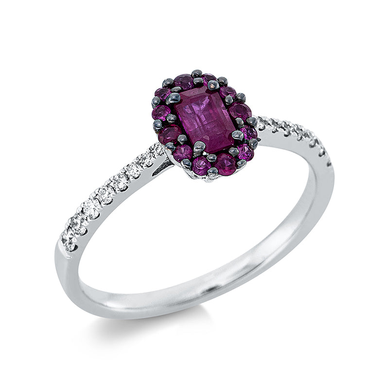 Ring 18 kt WG, 16 Brill. 0,19 ct, TW-si, 1 Rubin 0,44 ct rot, 12 Rubine 0,19 ct rot