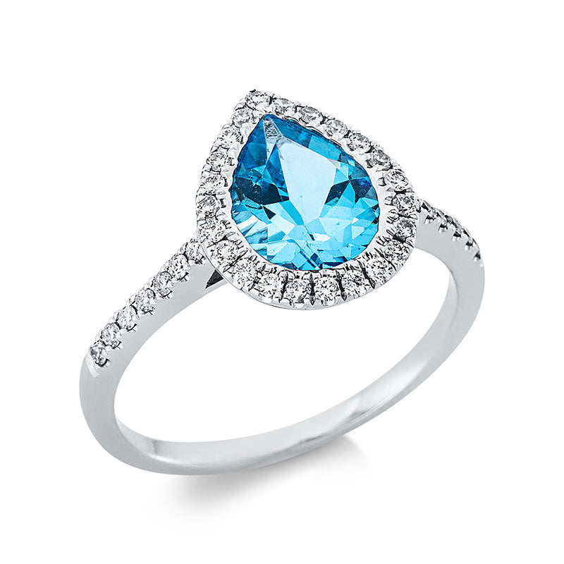 Ring 18 kt WG. 37 Brillanten 0.26 ct. TW-si. 1 Topas 1.84 ct Swiss blue. Weite:54