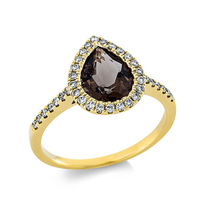Ring 18 kt GG Tropfen. 37 Brillanten 0.26 ct. TW-si. 1 Rauchquarz 1.45 ct braun. Weite:54