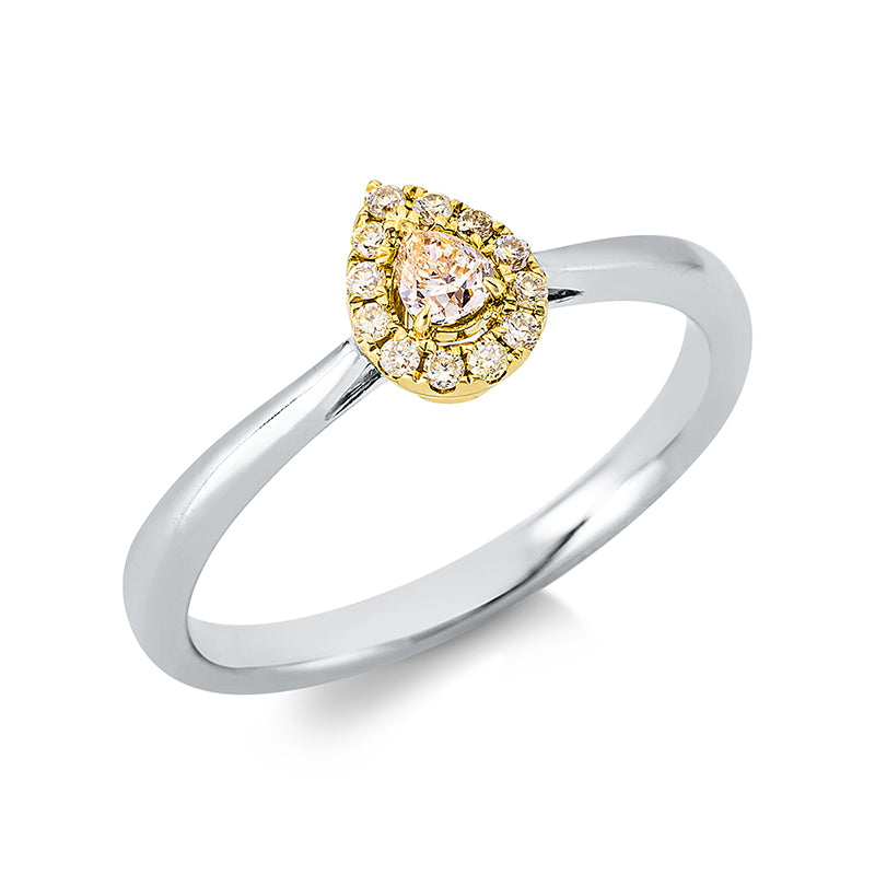 Ring 18 kt WG+GG. 1 Tropfen 0.09 ct. gelb. 12 Brillanten 0.08 ct. gelb. H:5.4 mm. B:6.9 mm. Weite:52