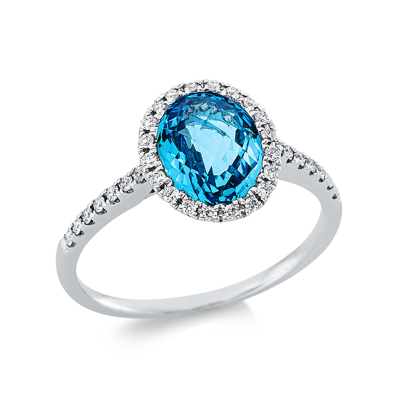 Ring 18 kt WG, 34 Brill. 0,20 ct, TW-si, 1 Topas 2,25 ct Swiss blue