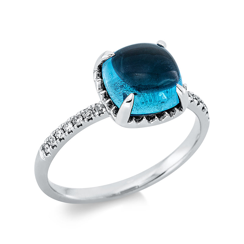 Ring 18 kt WG, 14 Brill. 0,10 ct, TW-si, 1 Topas 3,55 ct Swiss blue
