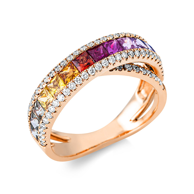 Ring 18 kt RG, 21 Princ. 0,21 ct, TW-si, 62 Brill. 0,36 ct, TW-si, 14 Saphire 1,61 ct multicolor