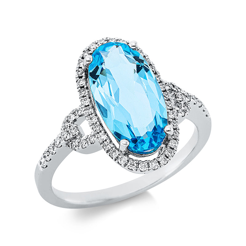 Ring 18 kt WG, 58 Brill. 0,28 ct, TW-si, 1 Topas 3,49 ct Swiss blue