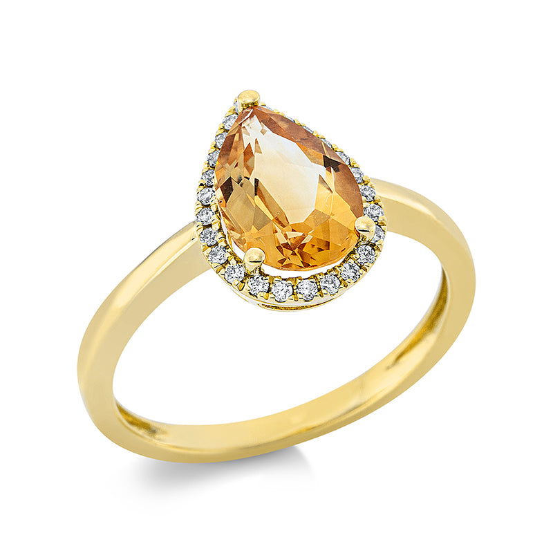 Ring 3er-Krappe 18 kt GG. 25 Brillanten 0.11 ct. TW-si. 1 Citrin 1.54 ct gelb. Weite:54