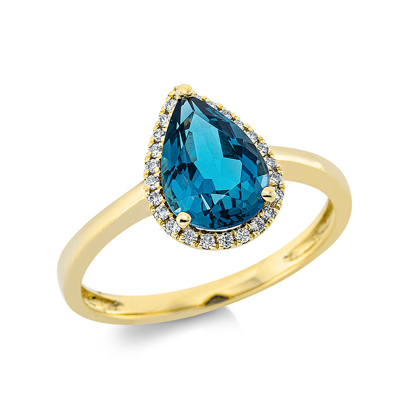 Ring 3er-Krappe 18 kt GG. 25 Brillanten 0.11 ct. TW-si. 1 Topas 2.23 ct Lond. blue. Weite:54