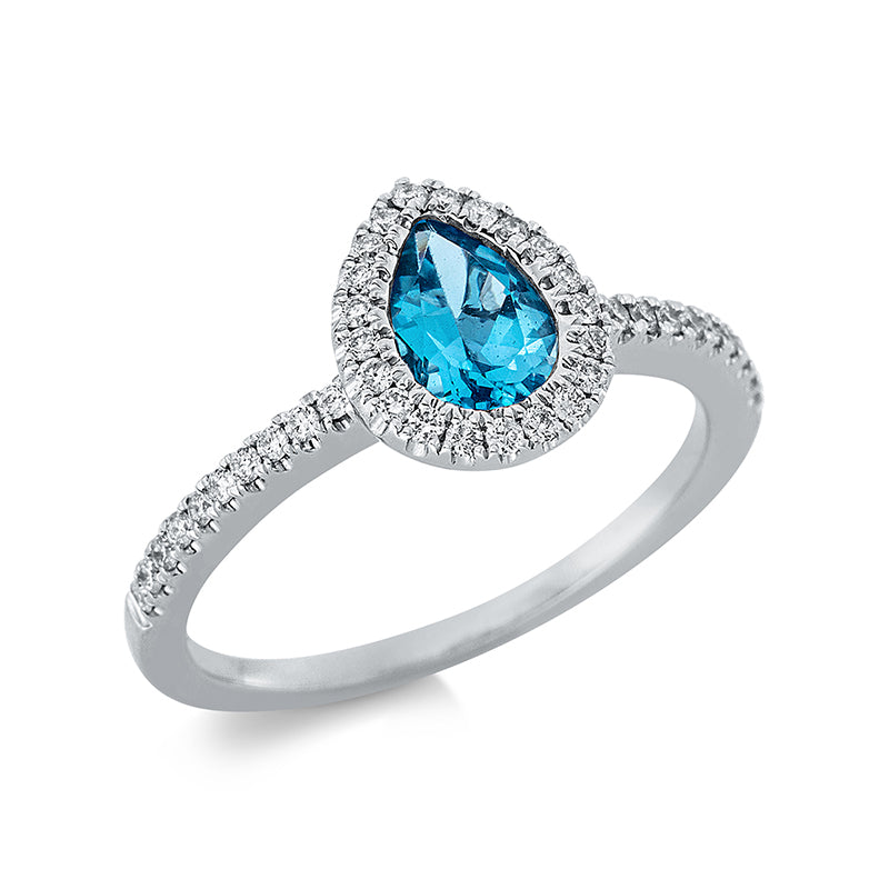 Ring 18 kt WG. 41 Brillanten 0.25 ct. TW-si. 1 Topas 0.82 ct Swiss blue. Weite:54