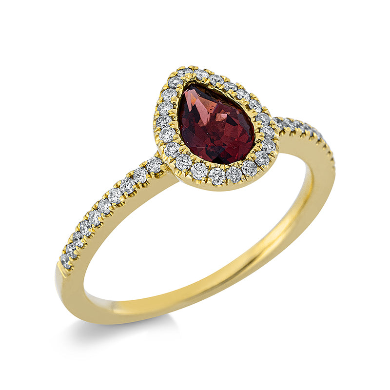 Ring 18 kt GG. 41 Brillanten 0.25 ct. TW-si. 1 Rhodolith 0.98 ct rot. Weite:54