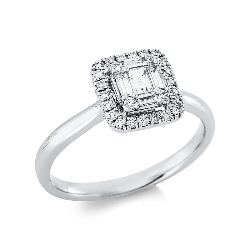 Ring 18 kt WG, 26 Brill. 0,17 ct, TW-si, 4 Trap. 0,14 ct, TW-si, 1 Bag. 0,09 ct, TW-vsi
