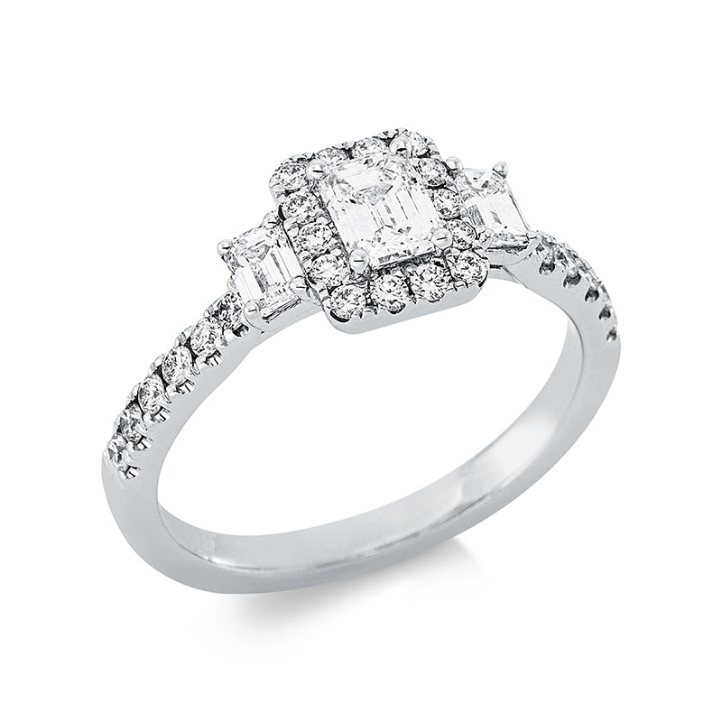 Ring 18 kt WG. 26 Brillanten 0.32 ct. TW-si. 2 Sm.schliff 0.28 ct. TW-vsi. 1 Sm.schliff 0.40 ct. TW-vsi. H:11.3 mm. B:7.6 mm. Weite:53
