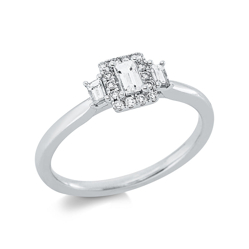 Ring 18 kt WG. 14 Brillanten 0.09 ct. TW-si. 2 Trapeze 0.11 ct. TW-si. 1 Bag. 0.14 ct. TW-vsi. Weite:53